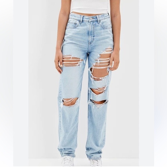 American Eagle Outfitters Highest Rise Baggy Straight Blue Jeans Distressed 00 - Picture 1 of 7